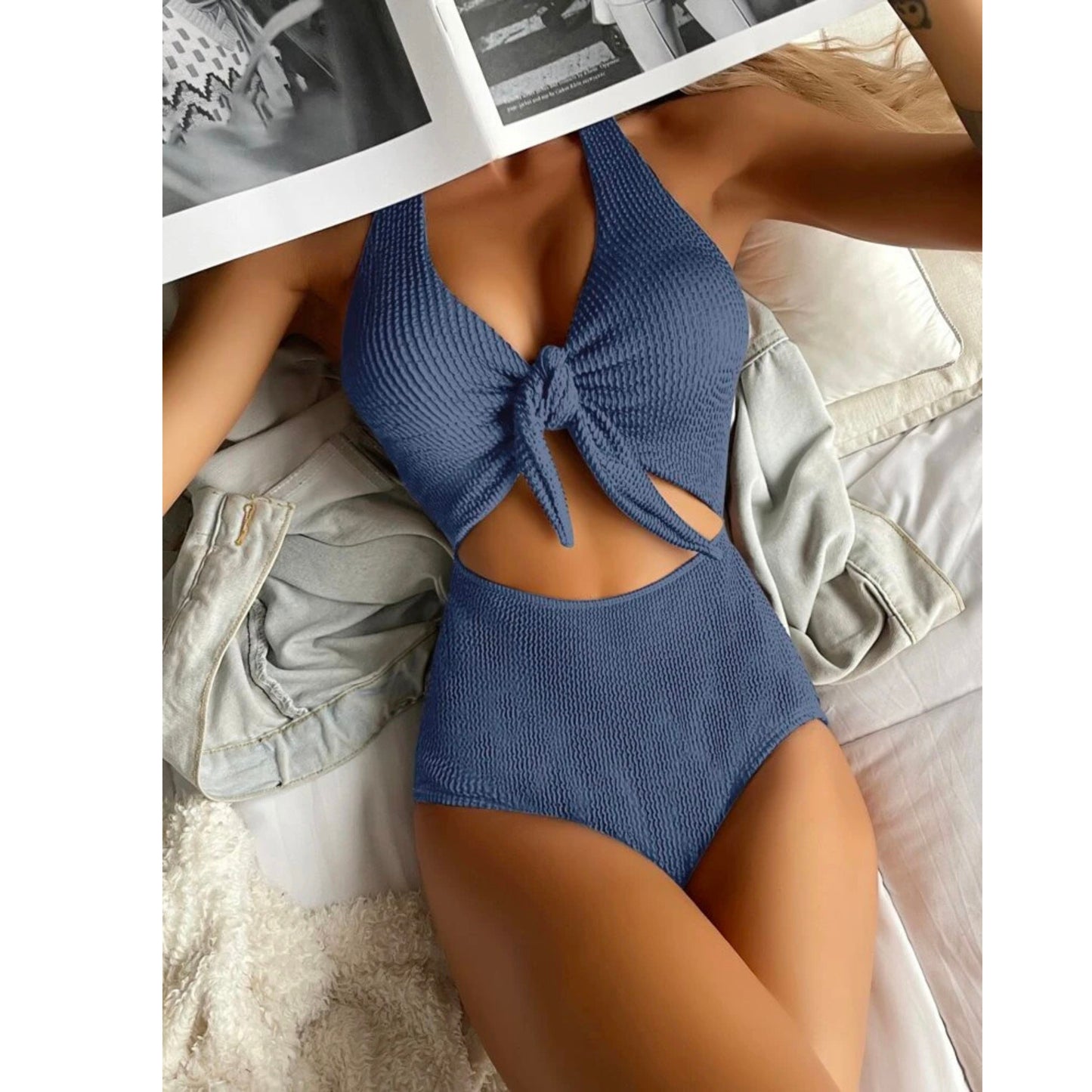 SHEIN - Textured Knot Front One-Piece Swimsuit