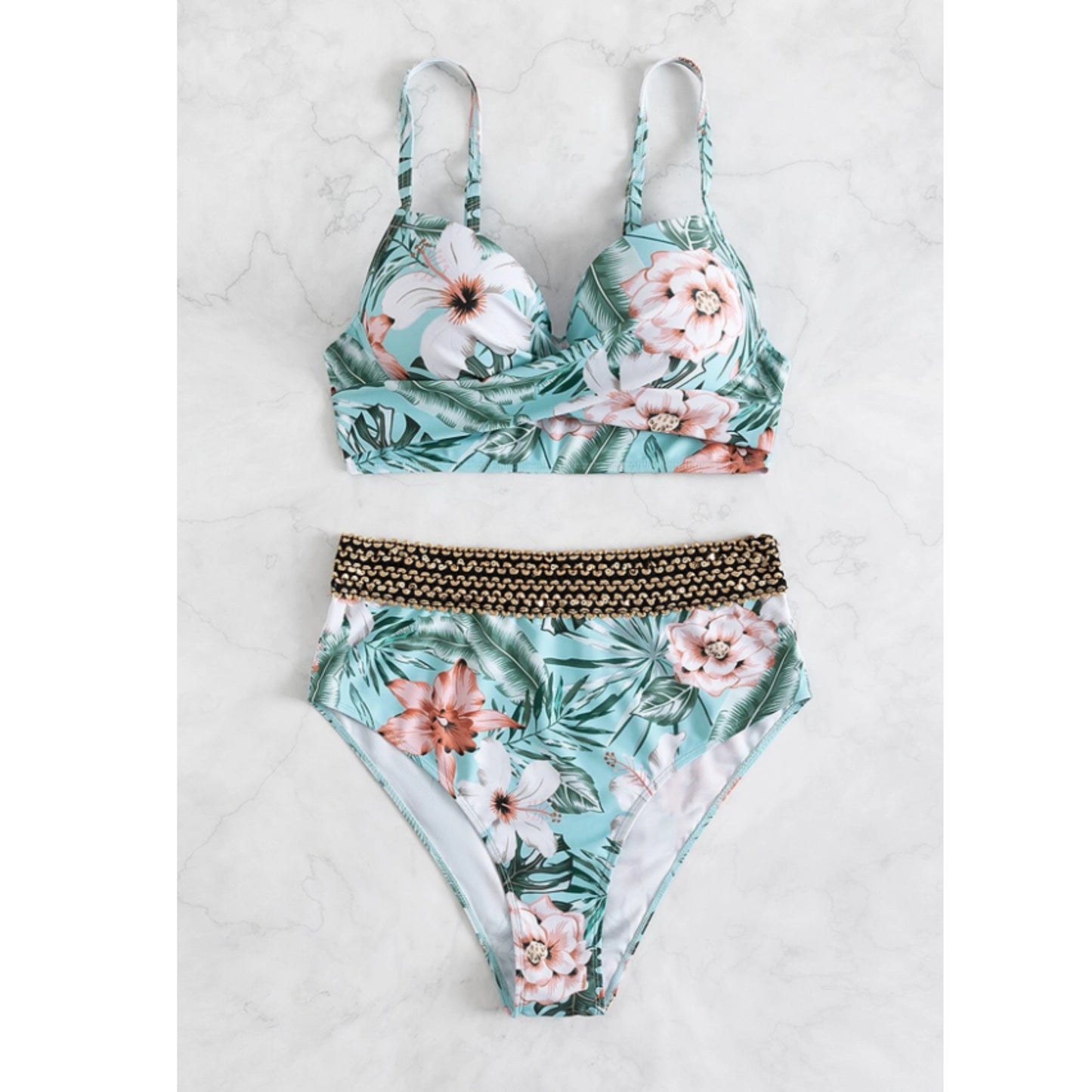 SHEIN -  Floral Twist Stitch Detail Push Up Bikini