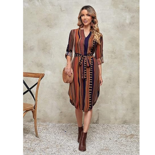 SHEIN - Striped Print Belted Casual midi Dress