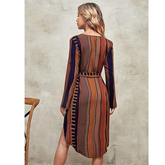 SHEIN - Striped Print Belted Casual midi Dress