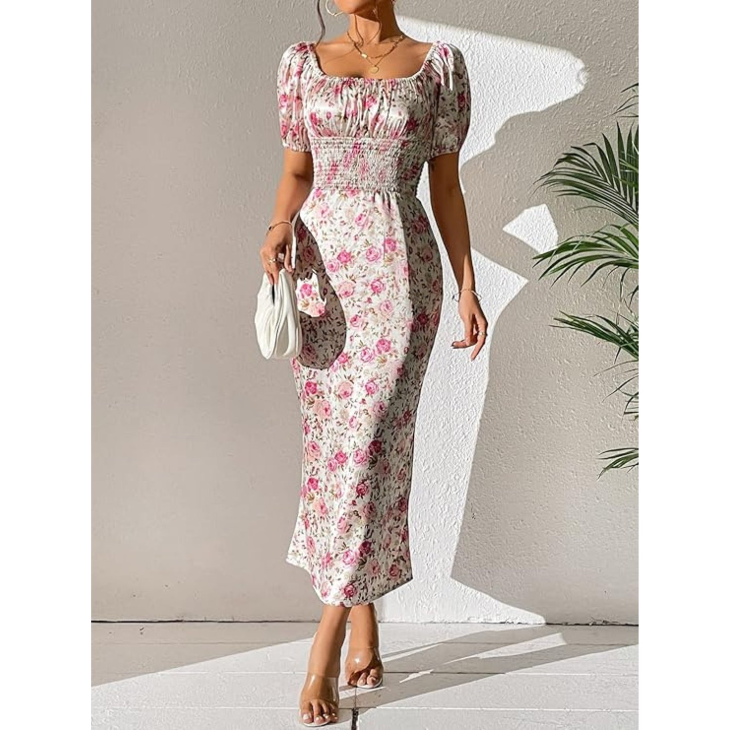 SHEIN - Rose Print Shirred Puff Sleeve long Dress