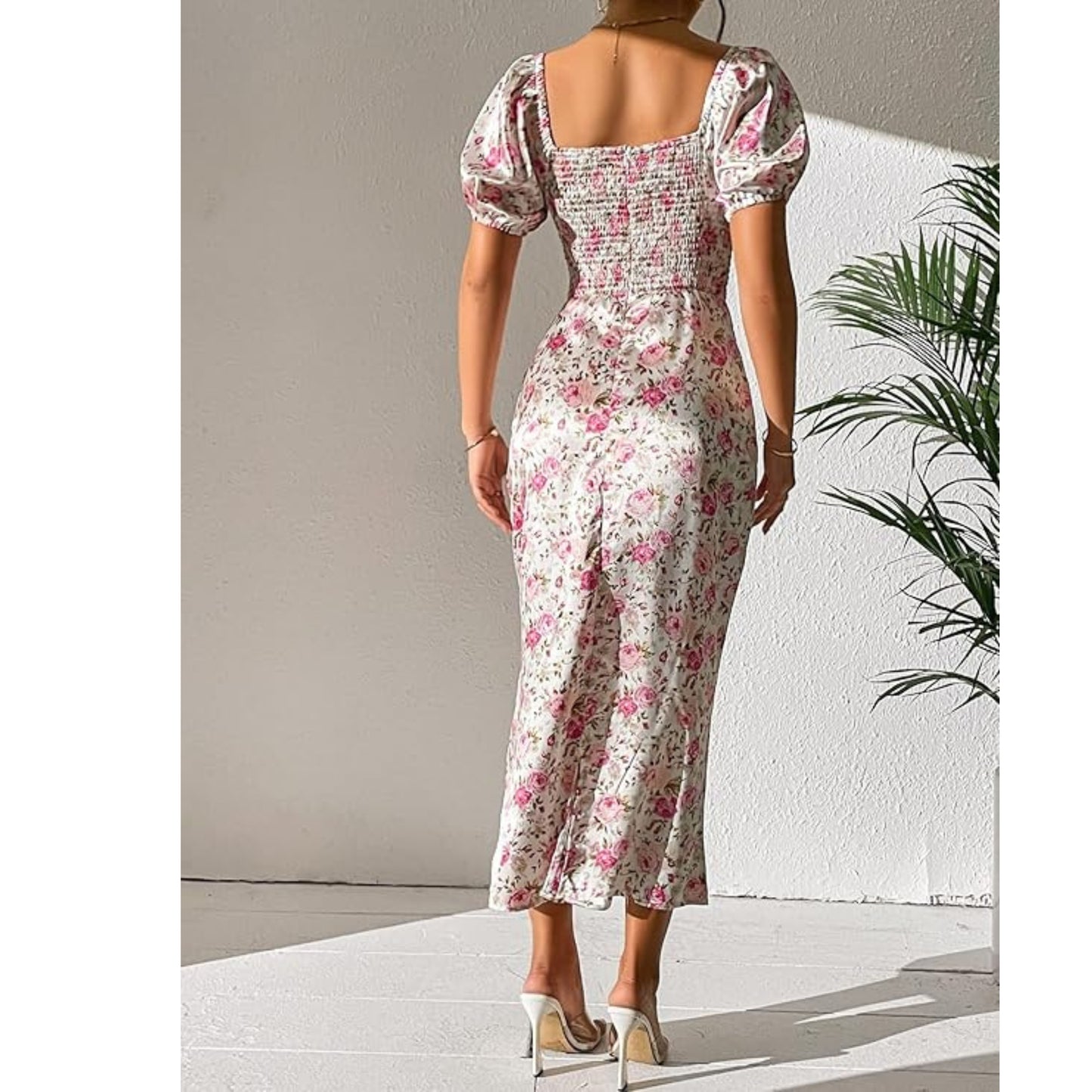 SHEIN - Rose Print Shirred Puff Sleeve long Dress