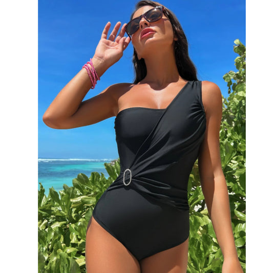 SHEIN - Rhinestone Decor One Shoulder One Piece Swimsuit