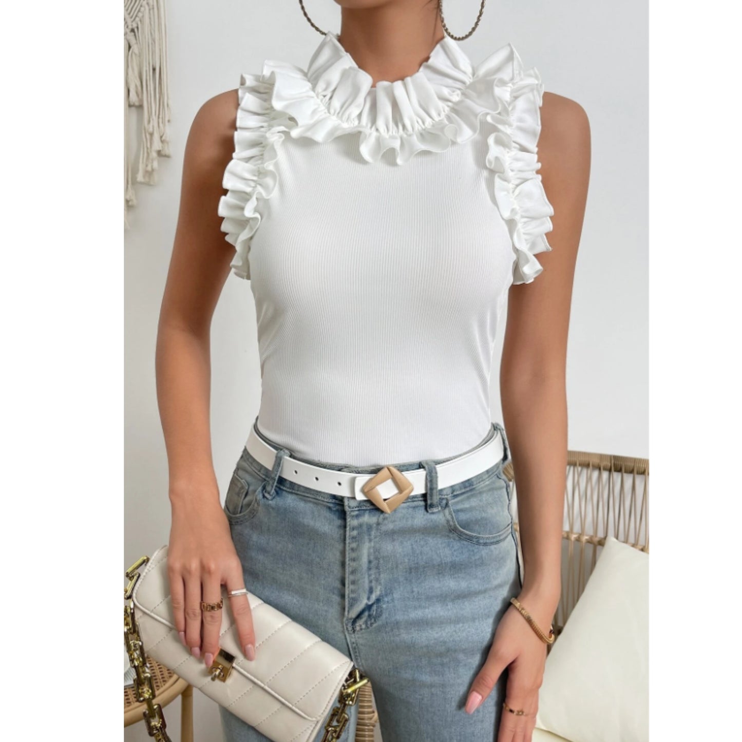 SHEIN - Ruffle Trim Mock Neck Tank Top