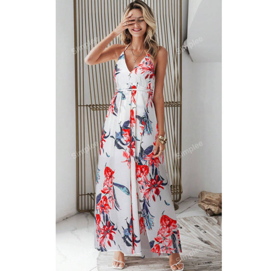 SHEIN - Floral Print Backless Wrap Split Slip long Dress