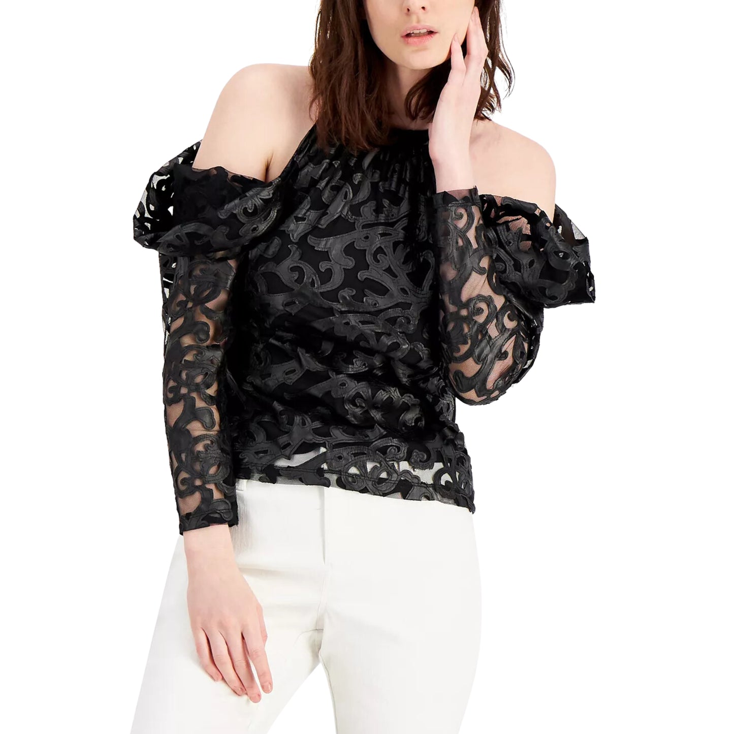 INC - Faux-Leather Cold-Shoulder Top