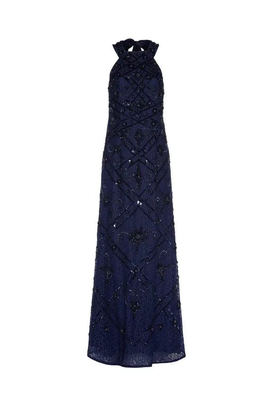 ADRIANNA PAPELL Womens Dress L / Navy ADRIANNA PAPELL - Beaded Halter Evening Dress