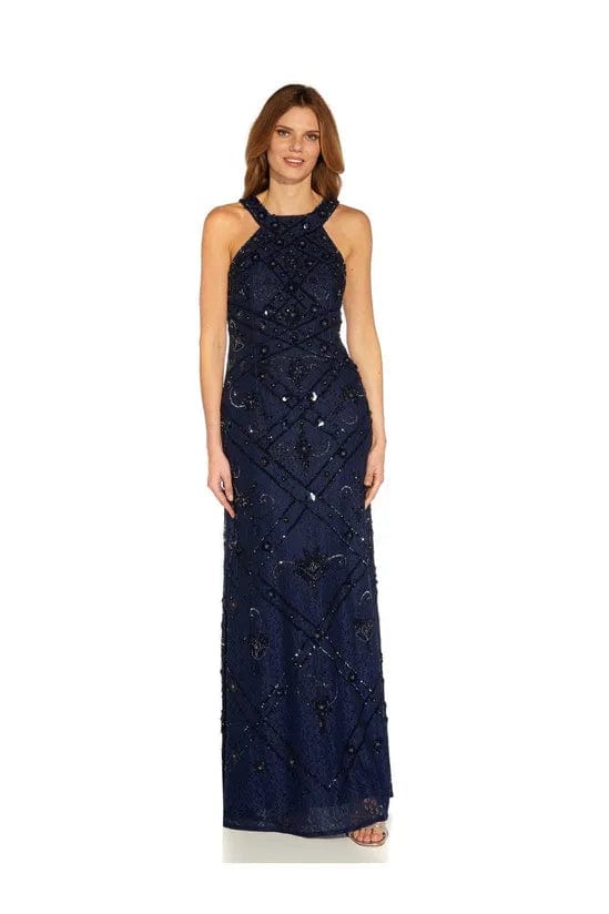 ADRIANNA PAPELL Womens Dress L / Navy ADRIANNA PAPELL - Beaded Halter Evening Dress