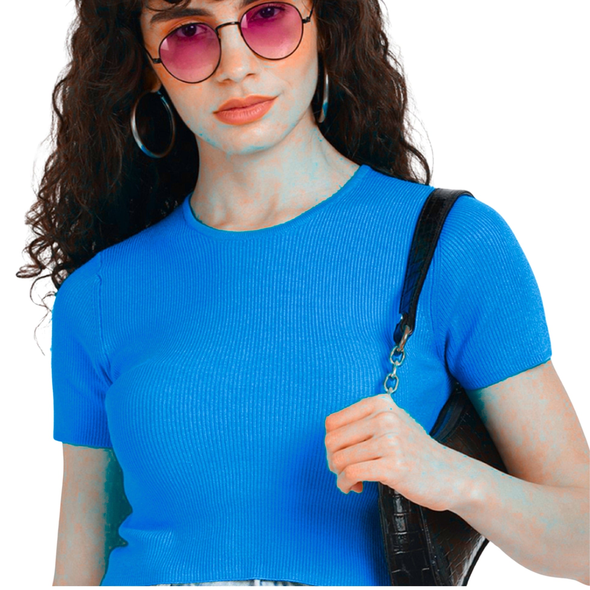 ALCOTT Womens Tops M / Blue ALCOTT - Ribbed criss cross crop top