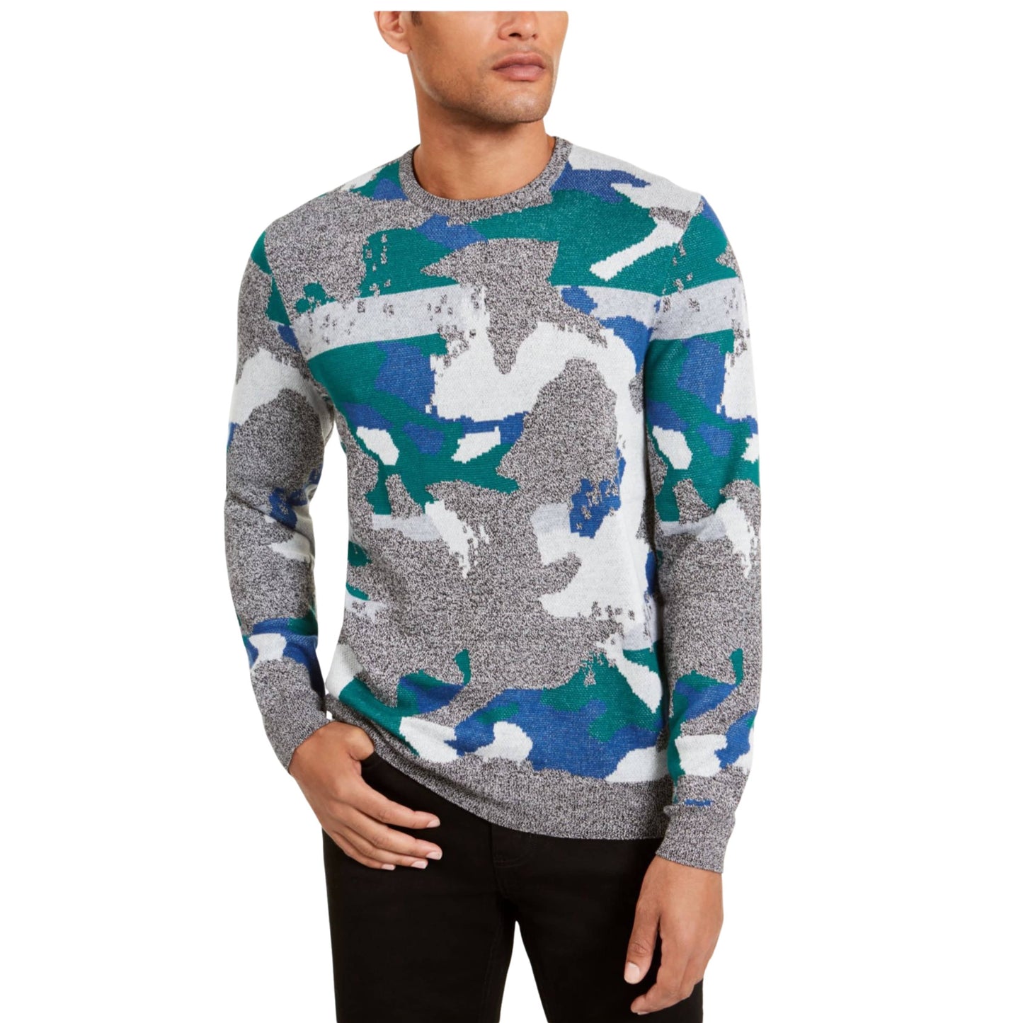 ALFANI Mens Tops S / Multi-Color ALFANI -  Green Heather Long Sleeve Crew Neck