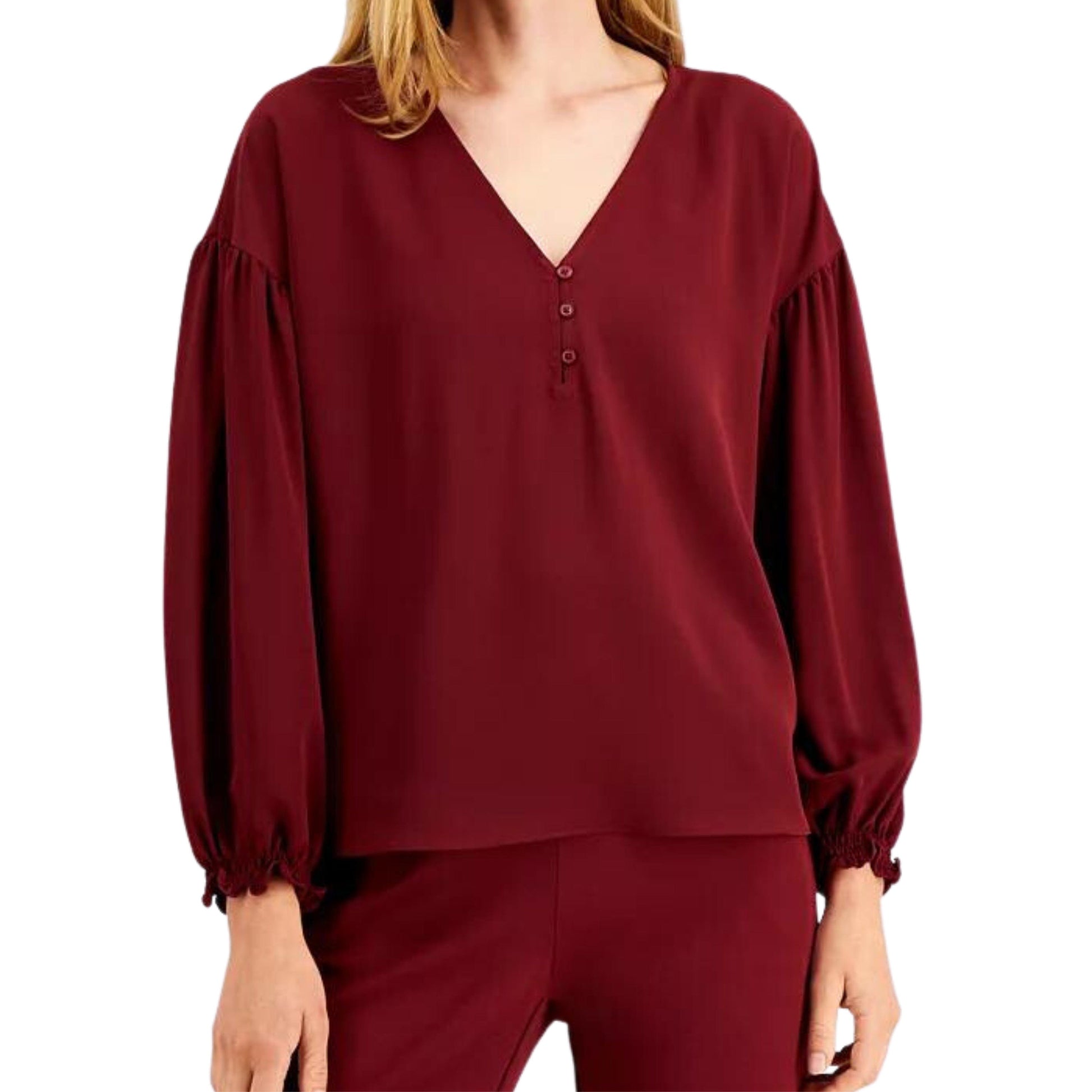 ALFANI Womens Tops M / Red ALFANI -  V-Neck Puff-Sleeve Top