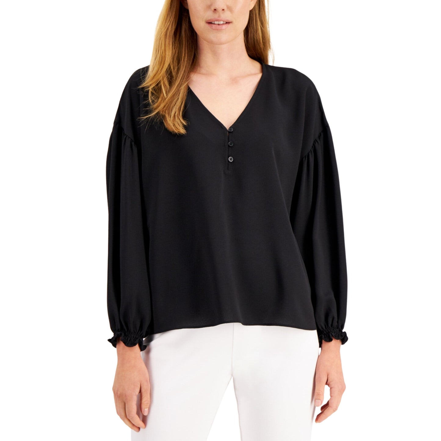 ALFANI Womens Tops M / Black ALFANI -  V-Neck Puff-Sleeve Top