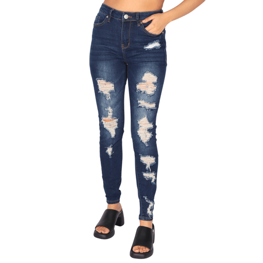 ALMOST FAMOUS Womens Bottoms S / Dark Blue / 26-27 ALMOST FAMOUS -  High-Rise Destructed Skinny Jeans