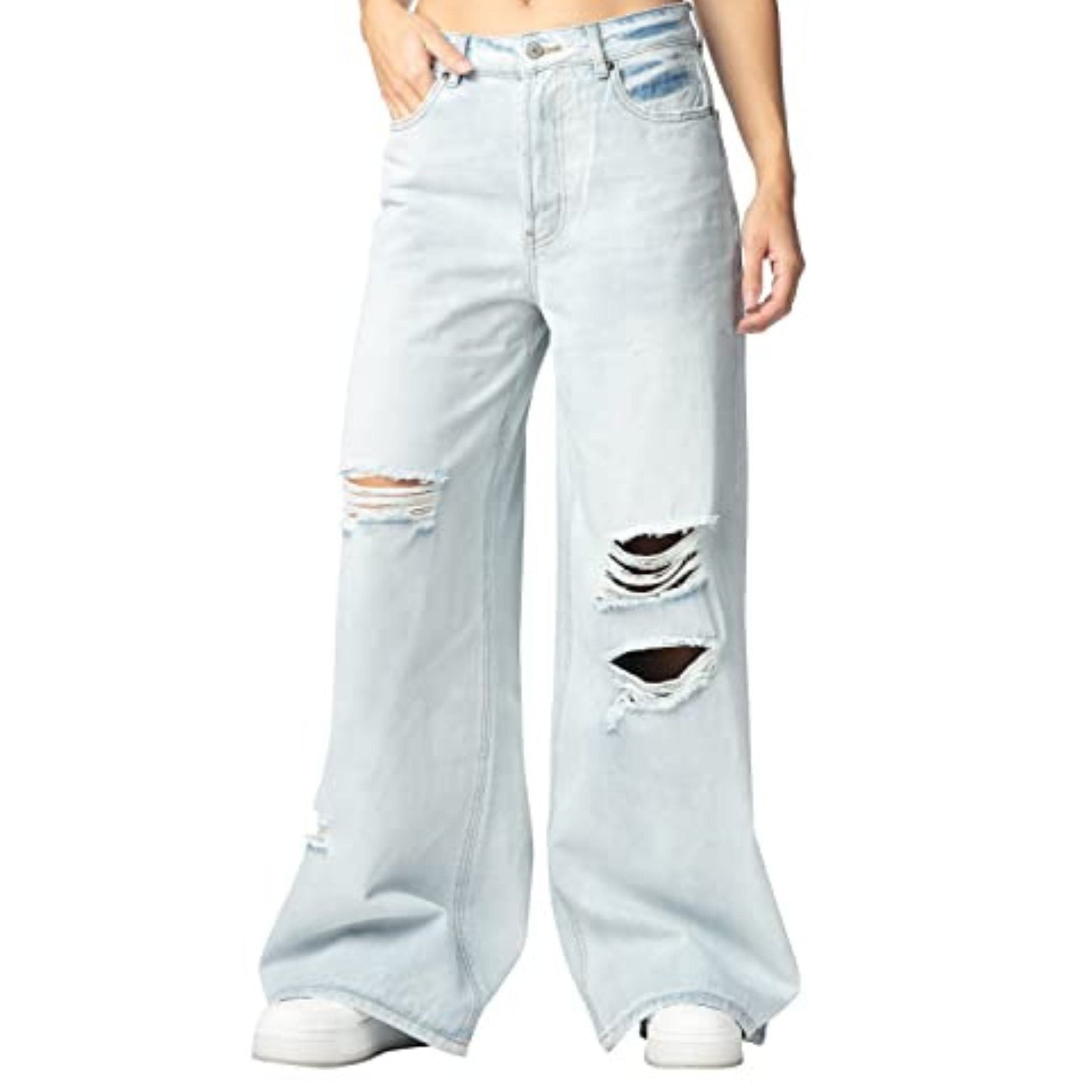 ALMOST FAMOUS Womens Bottoms XS / Blue ALMOST FAMOUS -  Ripped Wide-Leg Jeans