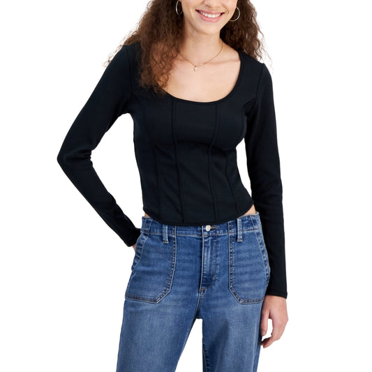 ALMOST FAMOUS Womens Tops S / Black ALMOST FAMOUS - Long-Sleeve Corset Knit Top