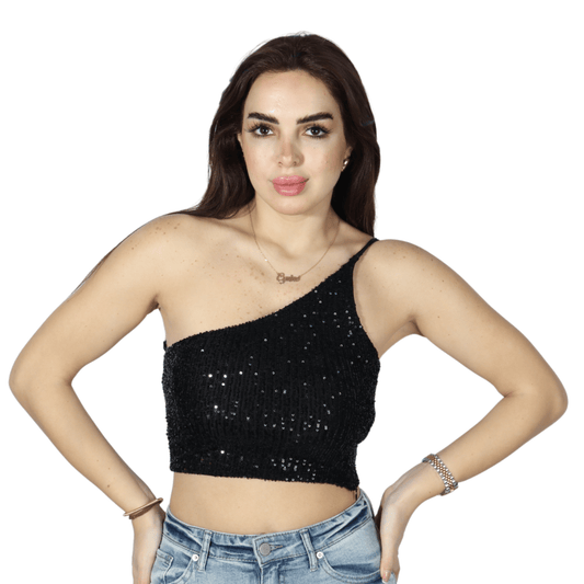 AMISU Womens Tops S / Black AMISU - One Shoulder Sequin Crop Top