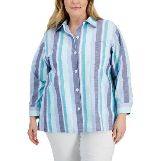 ANNE KLEIN XXXXL / Multi-Color ANNE KLEIN - Collared Striped Blouse Button-Down