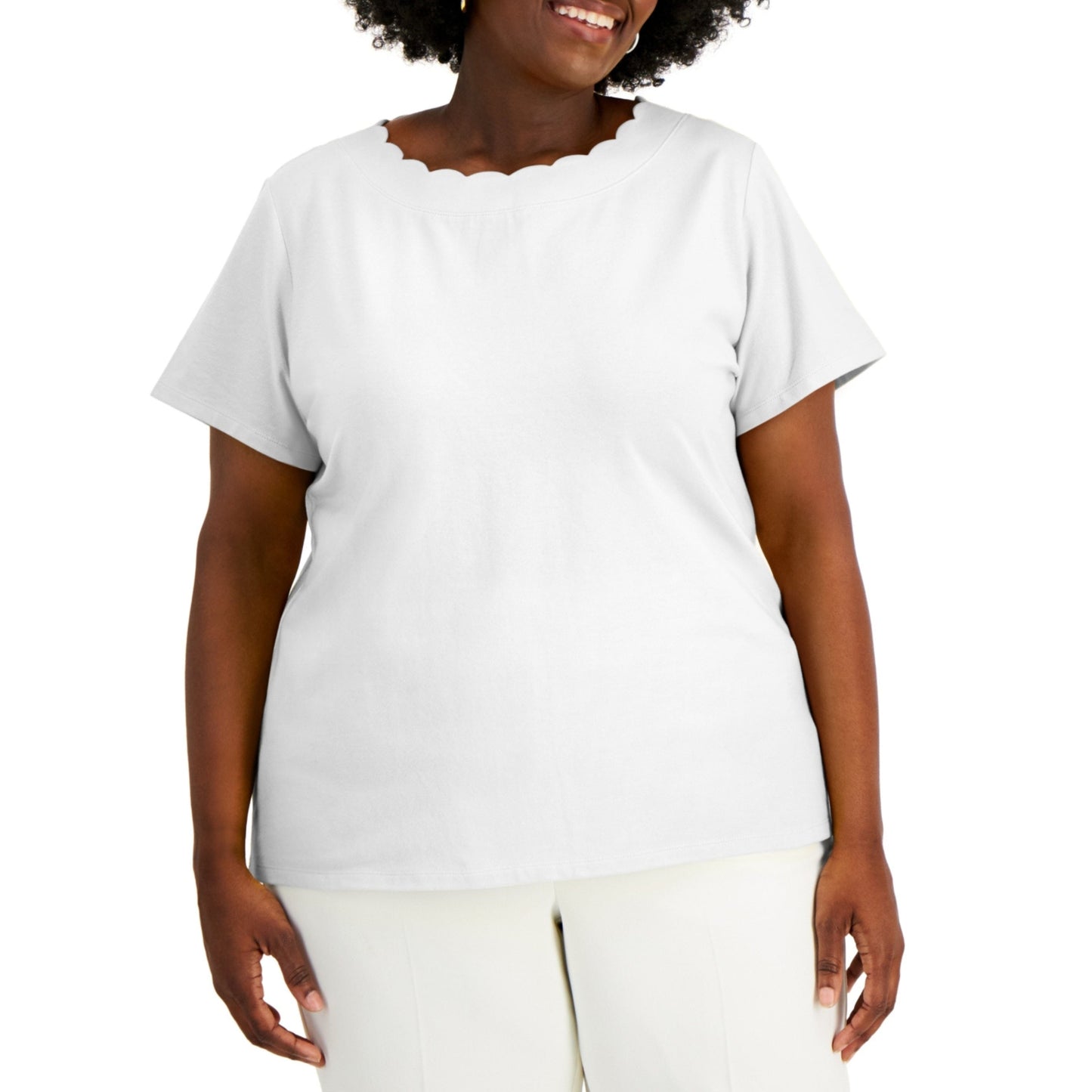 ANNE KLEIN Womens Tops XXL / White ANNE KLEIN - Scalloped Short Sleeve Round Neck T-Shirt