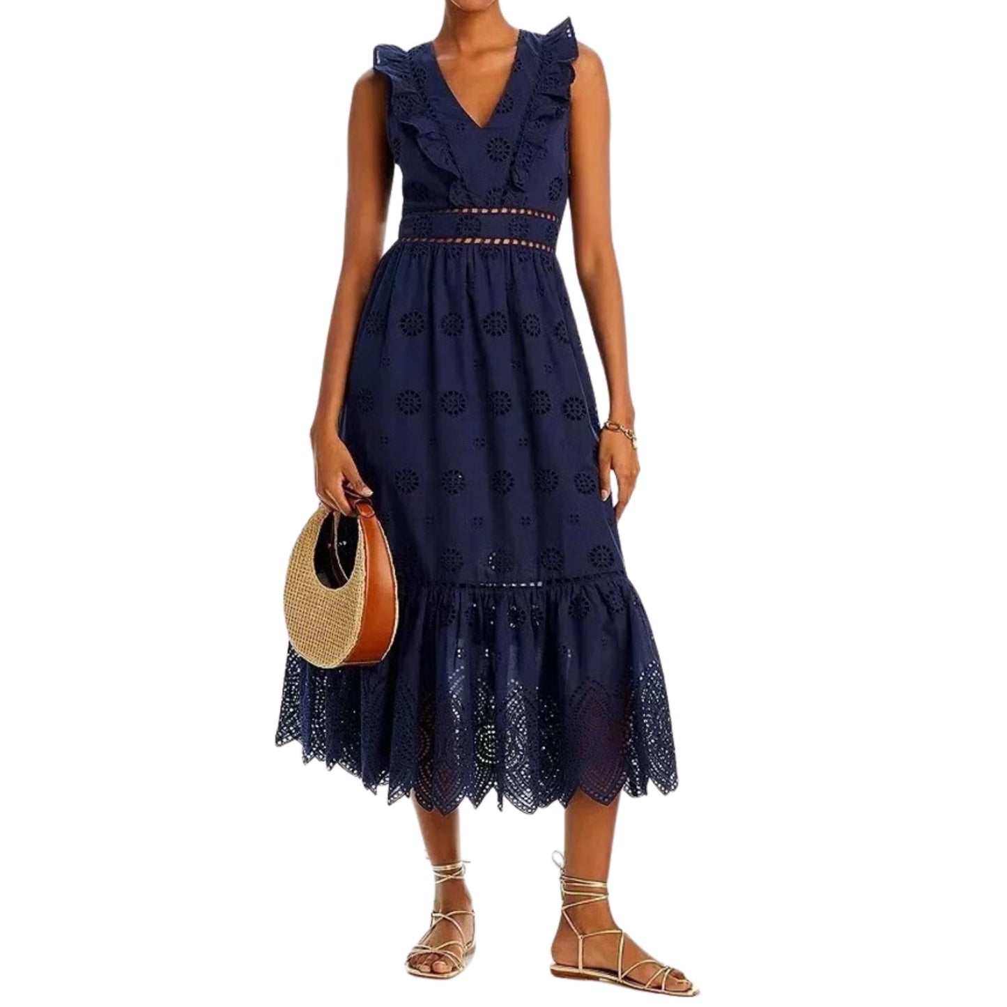 AQUA Womens Dress M / Navy AQUA - Cotton Sleeveless Eyelet Midi Dress