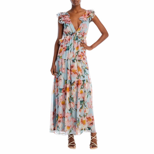 AQUA Womens Dress M / Multi-Color AQUA - Floral Print Ruffle Maxi Dress