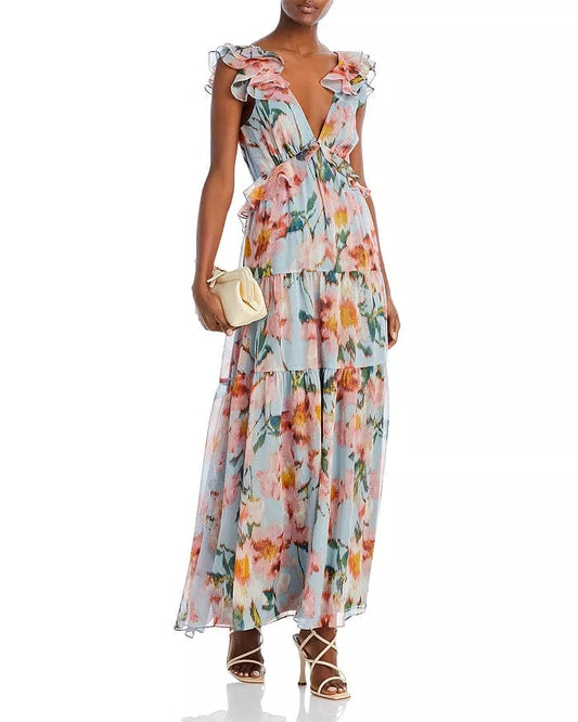 AQUA Womens Dress M / Multi-Color AQUA - Floral Print Ruffle Maxi Dress