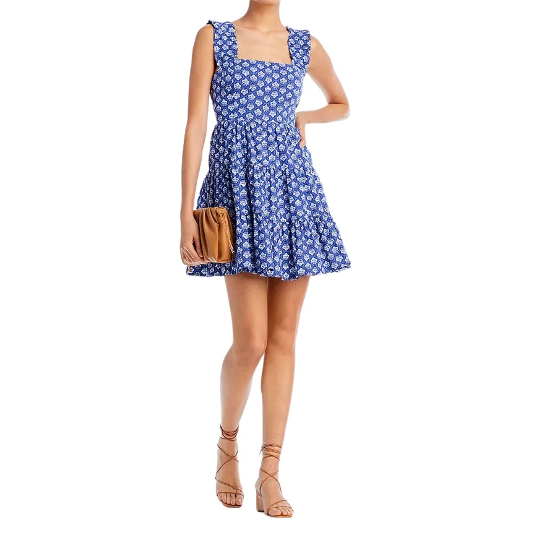 AQUA Womens Dress L / Navy AQUA - Floral Tile Print Poplin Tiered Short Dress