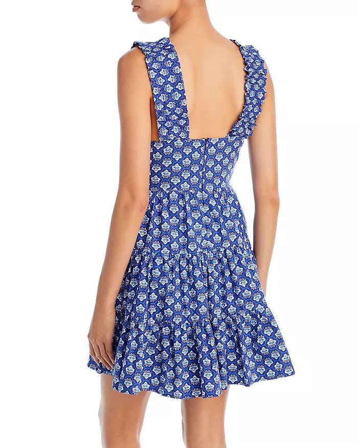 AQUA Womens Dress L / Navy AQUA - Floral Tile Print Poplin Tiered Short Dress