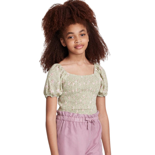 ART CLASS Girls Tops L / Green ART CLASS - KIDS - Smocked Bodice Puff Sleeve Woven Top