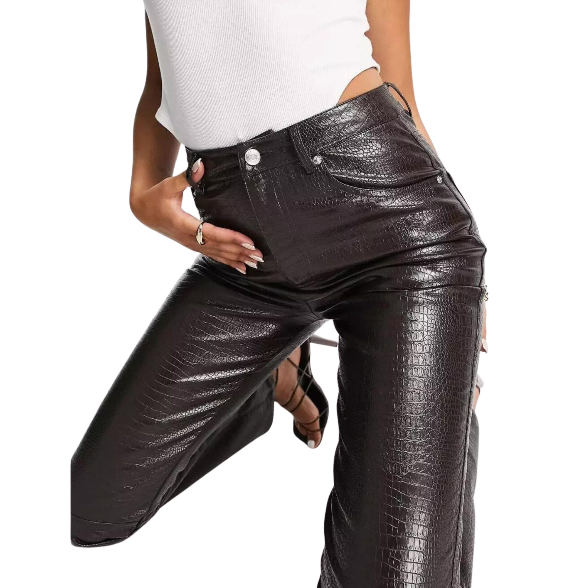 ASOS Womens Bottoms XL / Brown ASOS - Croc Faux Leather Pants Low Rise Straight Leg