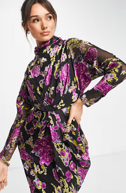 ASOS Womens Dress S / Multi-Color ASOS -  Floral Printed Maxi Dress With Batwing Sleeve And Wrap Waist