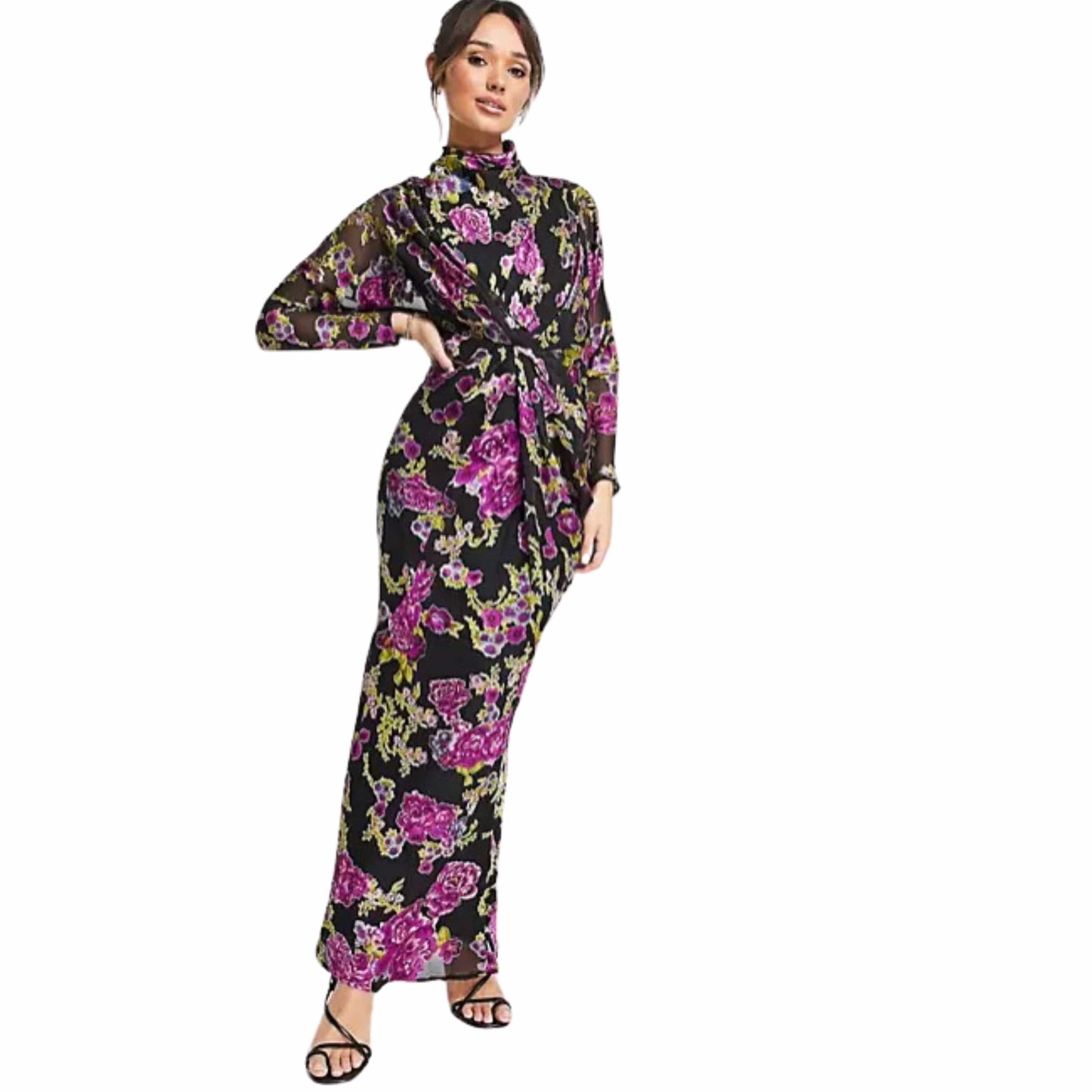 ASOS Womens Dress S / Multi-Color ASOS -  Floral Printed Maxi Dress With Batwing Sleeve And Wrap Waist