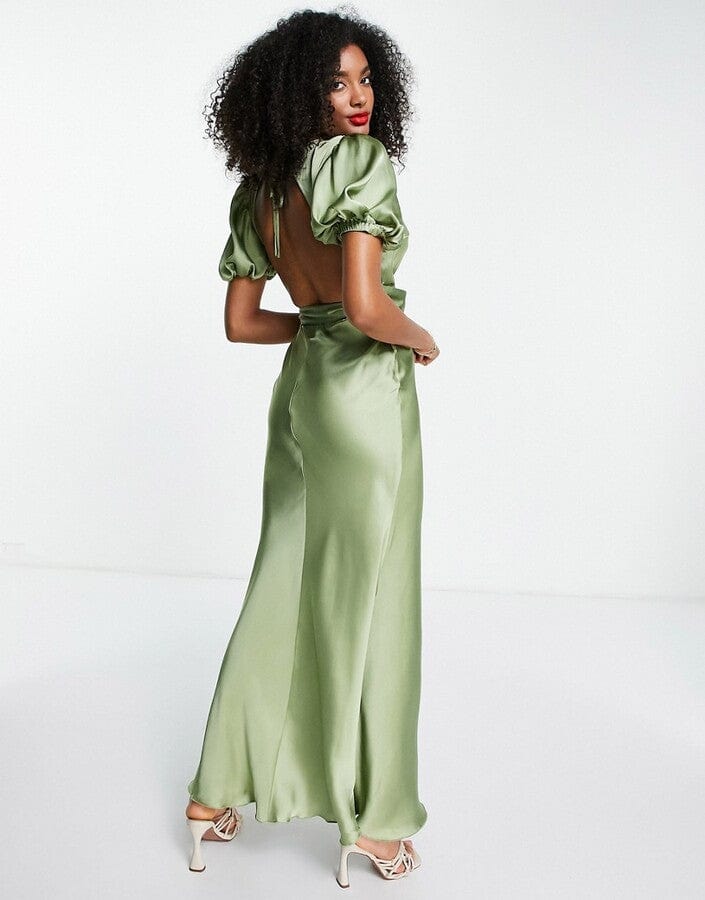 ASOS Womens Dress S / Green ASOS - Satin Bias Maxi Tea Dress With Belt