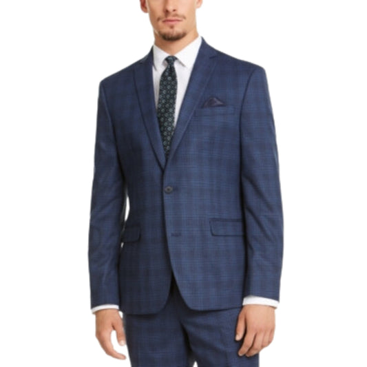 BAR III Mens Jackets L / Blue BAR III -  Slim-Fit Stretch Blue Plaid Blazer