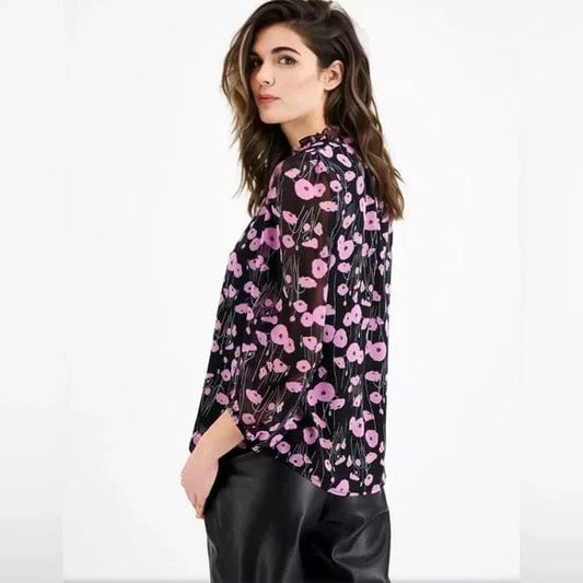 BAR III Womens Tops XXS / Multi-Color BAR III - Floral-Print Ruffle-Neck Top