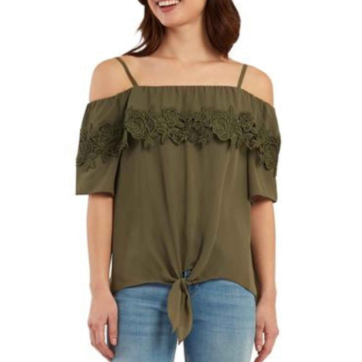 BCX Womens Tops S / Green BCX - Cold-Shoulder Embroidered-Trim Top