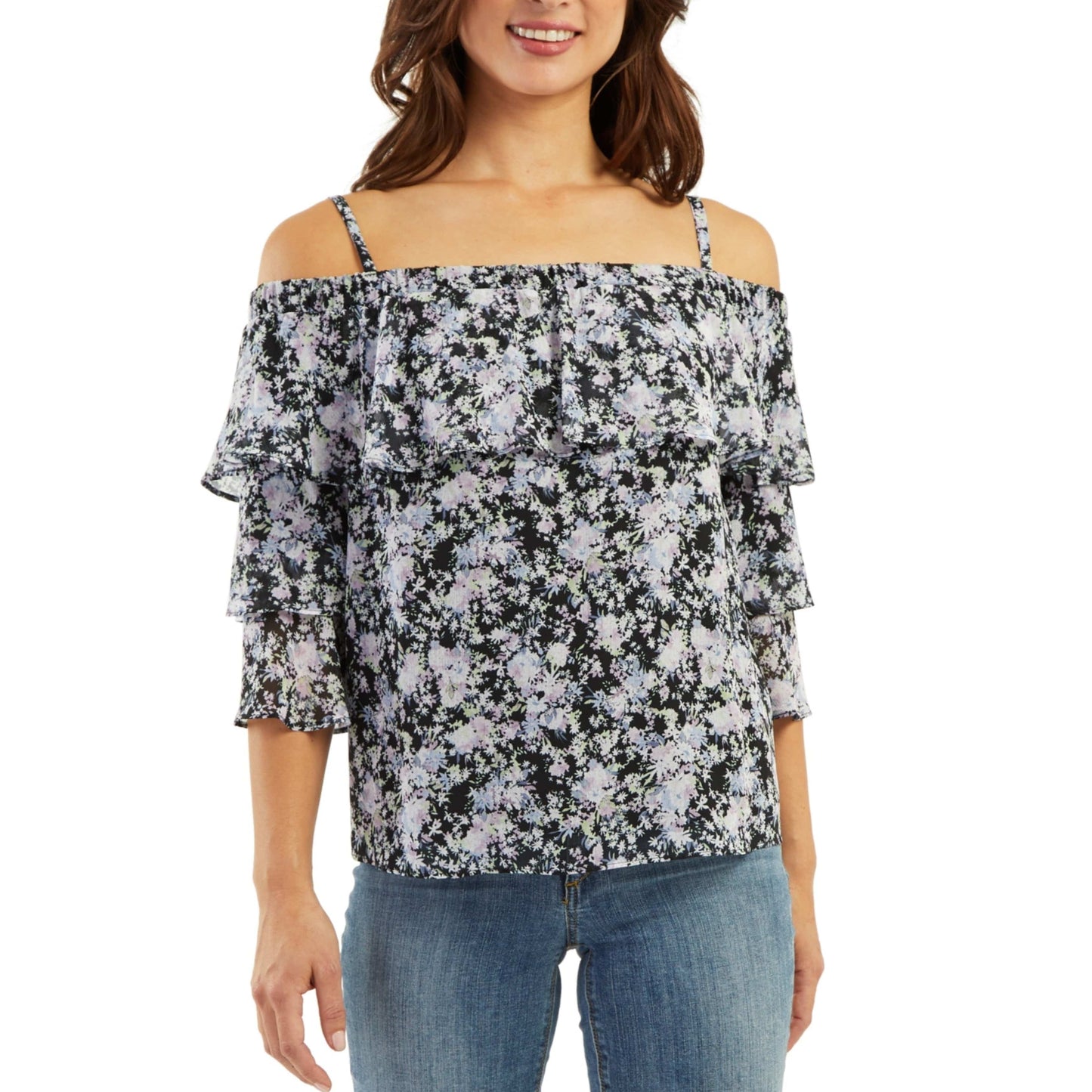 BCX Womens Tops M / Multi-Color BCX - Printed Off-the-Shoulder Tiered-Sleeve Top