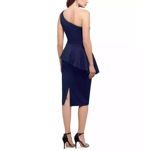 BETSY & ADAM Womens Dress M / Navy BETSY & ADAM - One-Shoulder Peplum Sheath midi Dress