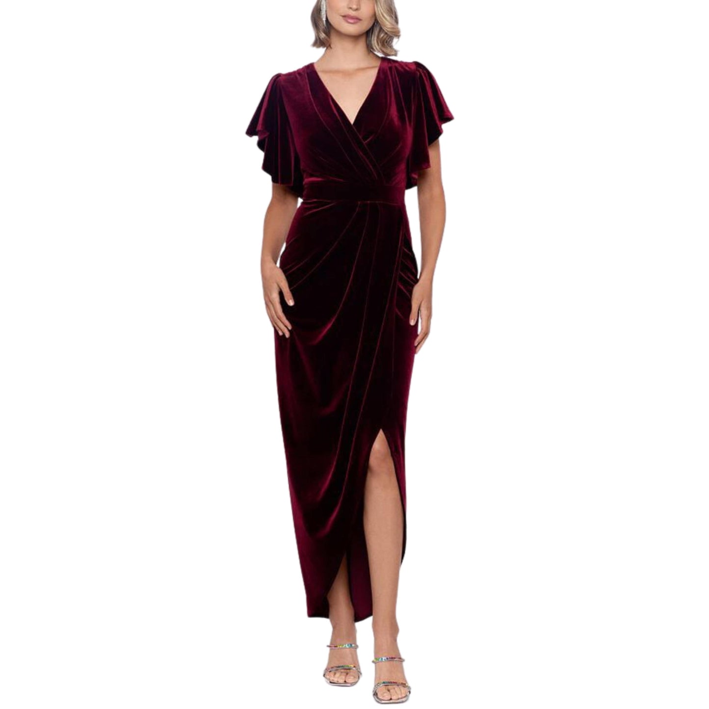 BETSY & ADAM Womens Dress S BETSY & ADAM - V Neck Short Flutter Sleeve Velvet Gown Purple