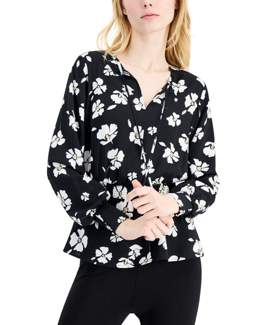 Beyond Marketplace M / Black ALFANI - Smocked Peplum Top Float Floral