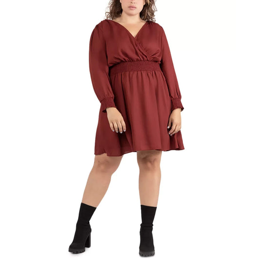 BLACK TAPE Womens Dress XL / Brown BLACK TAPE - Trendy Plus Size Smocked Printed Dress