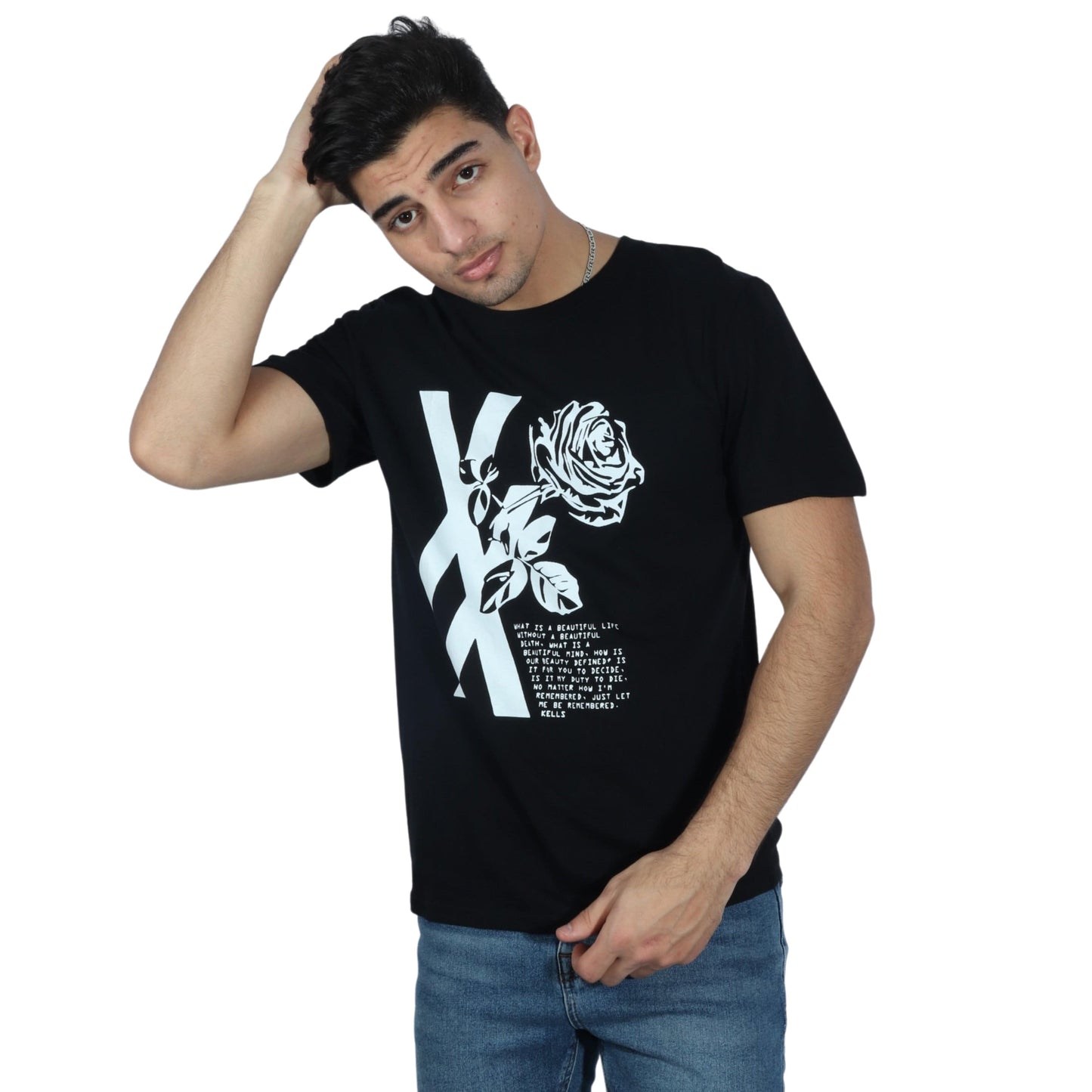 BRANDS & BEYOND Mens Tops M / Black Rose Printed T-shirt