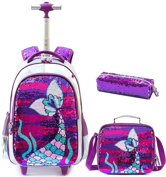 BRANDS & BEYOND School Bags Multi-Color Mermaid Rolling Backpack With Wheels School Bags