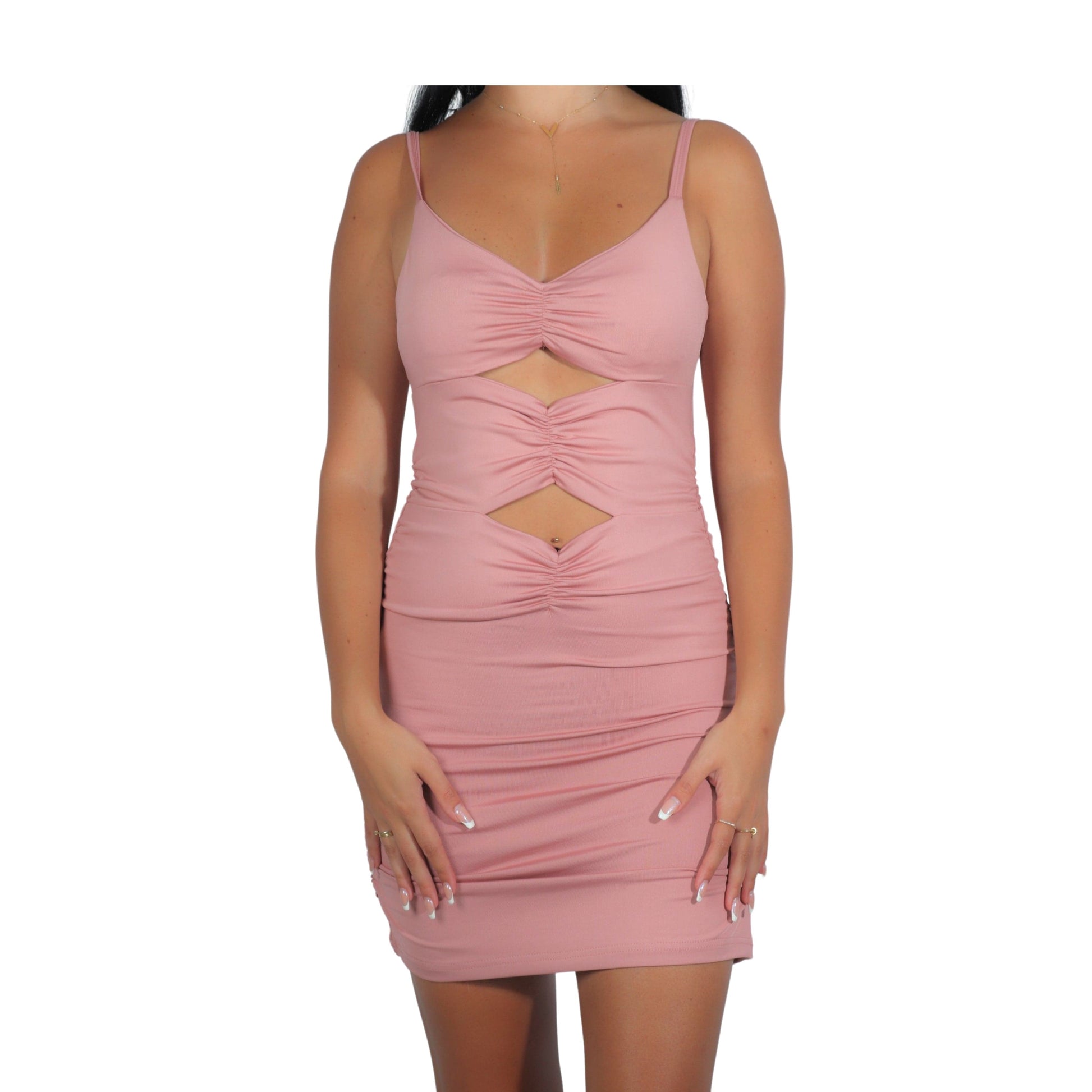 BRANDS & BEYOND Womens Dress S-M / Pink Mini Short Dress Solid Cutout Rushed Dress