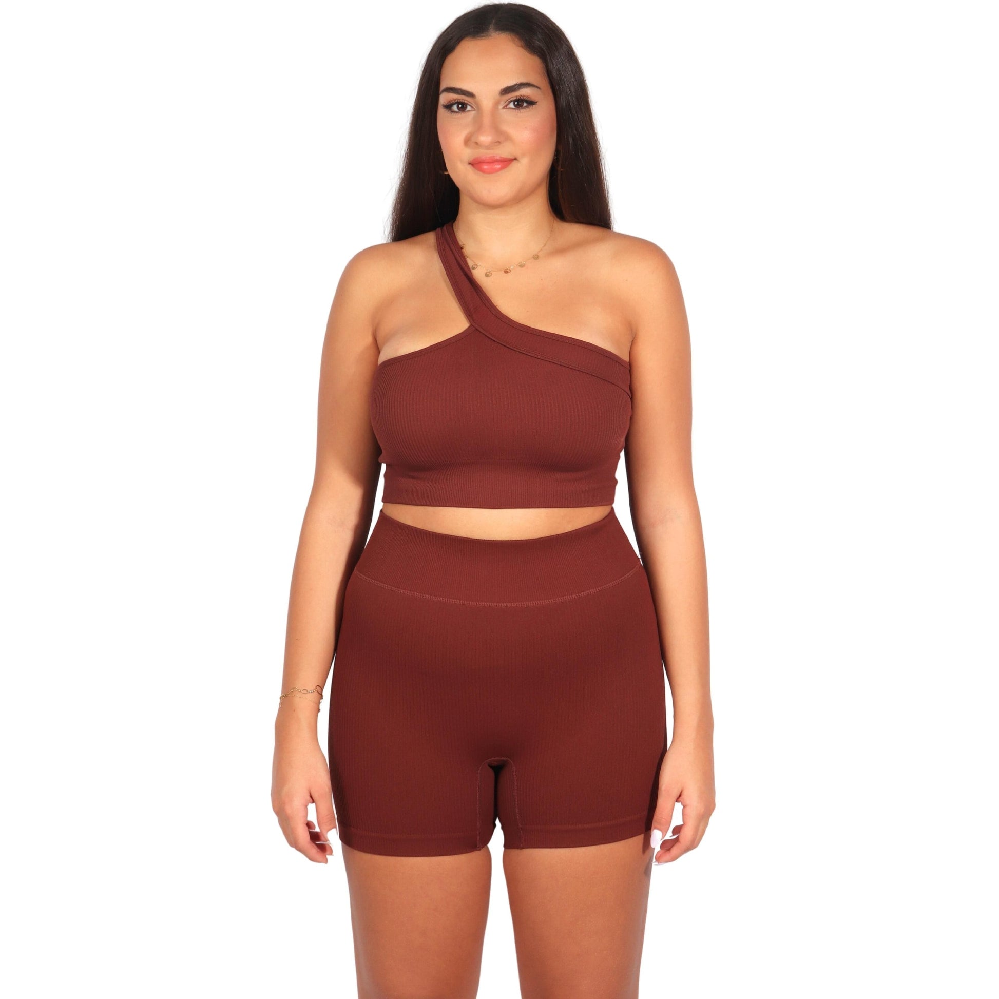 BRANDS & BEYOND Womens sports M / Brown Women Suit PJ Short with 1 Sholder Crop Top