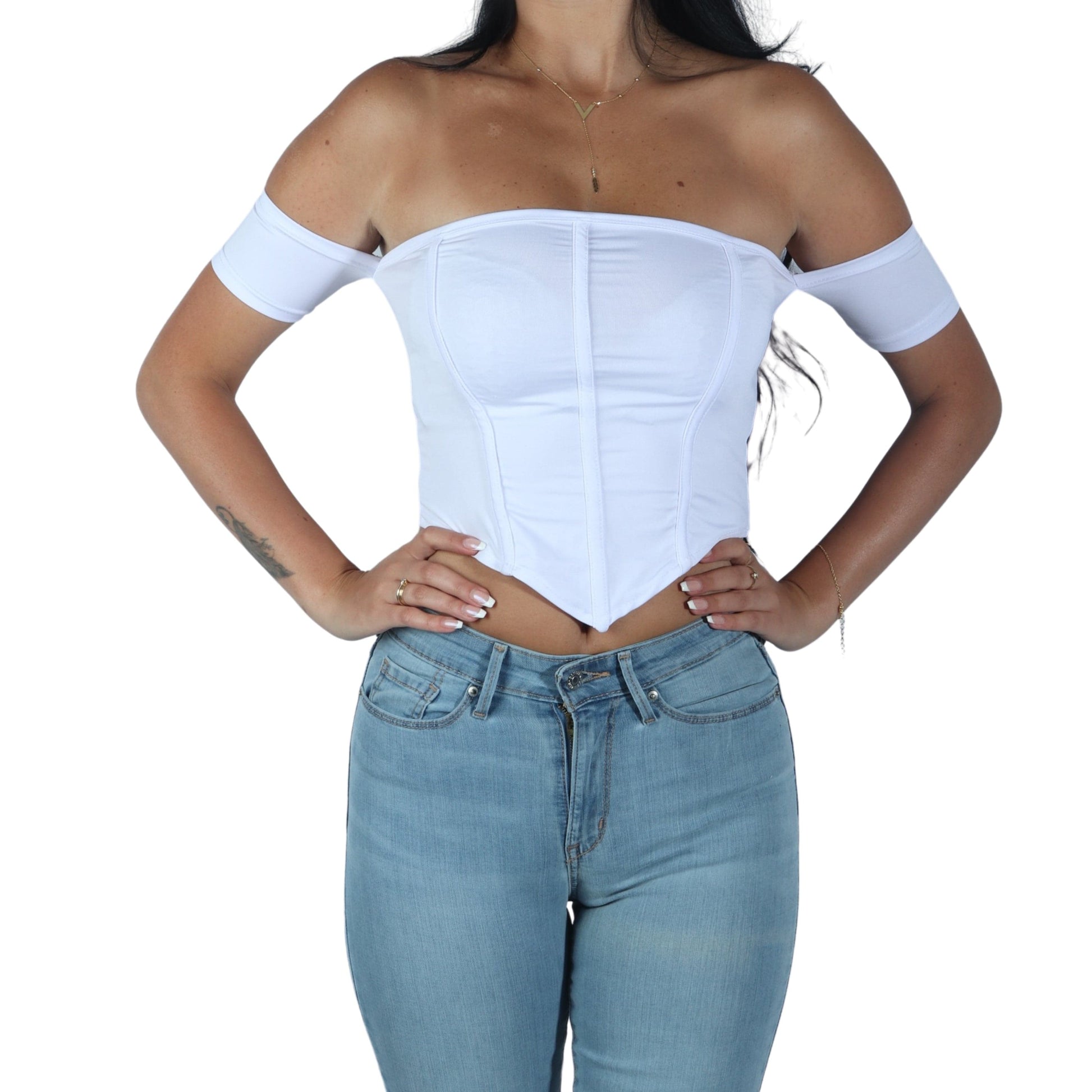 BRANDS & BEYOND Womens Tops XS / White Corset Front And Attached Short Sleeve Crop Top