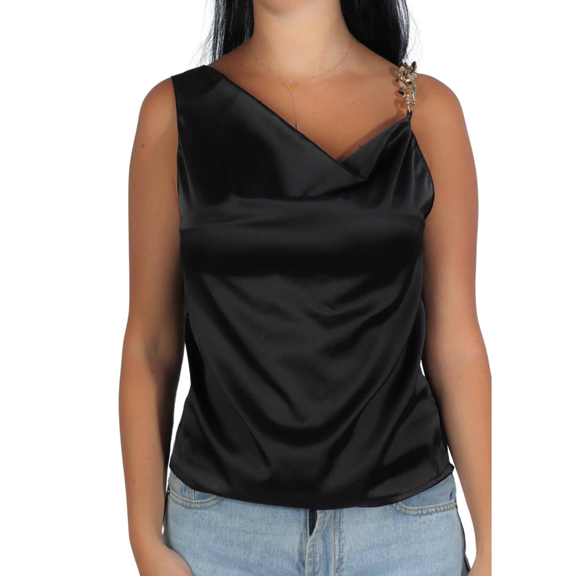 BRANDS & BEYOND Womens Tops S-M / Black Cowl Neck Chain Detailed Blouse