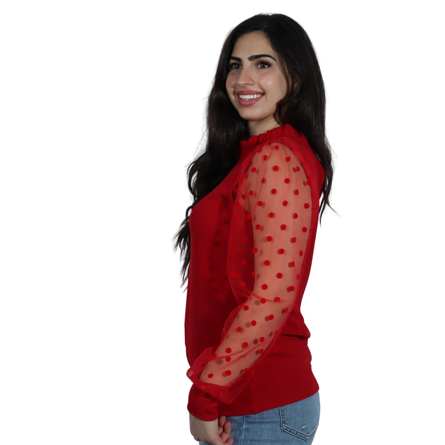 BRANDS & BEYOND Womens Tops M / Red Crewneck Polka Dots Sheer Mesh Puff Sleeve Elegant Blouse