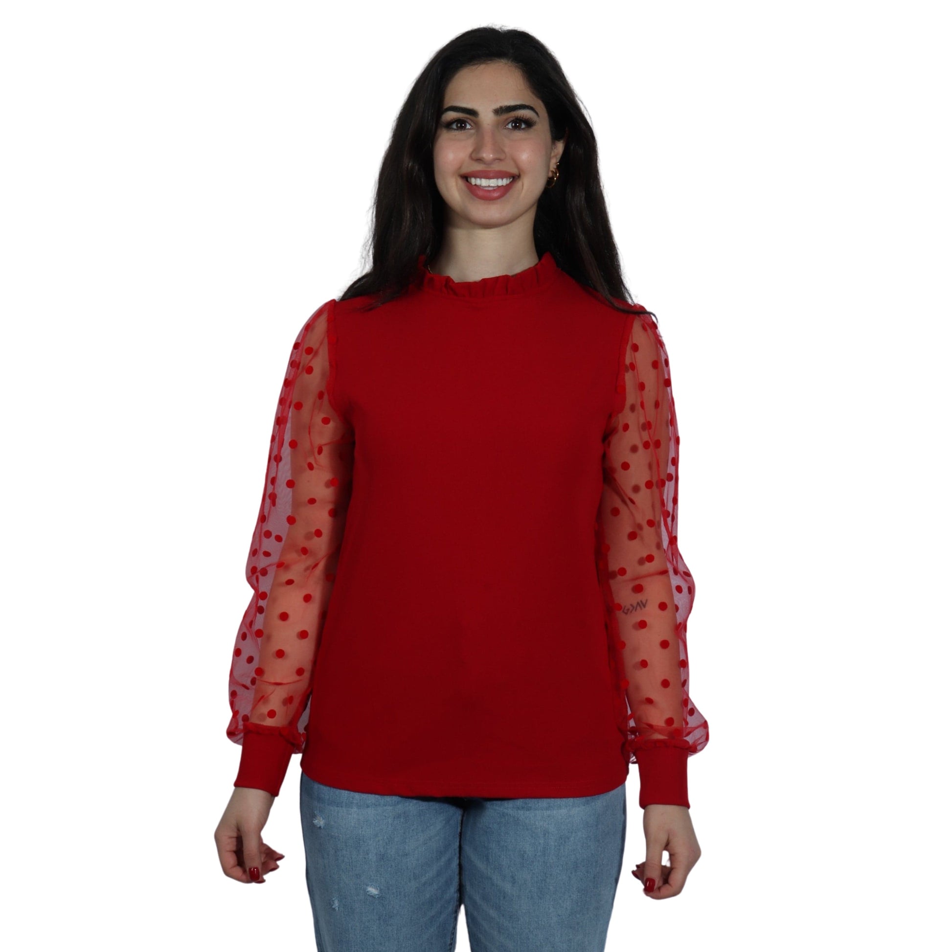 BRANDS & BEYOND Womens Tops M / Red Crewneck Polka Dots Sheer Mesh Puff Sleeve Elegant Blouse