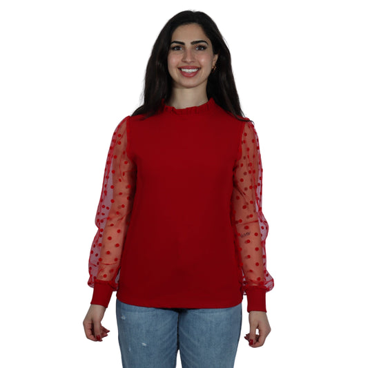 BRANDS & BEYOND Womens Tops M / Red Crewneck Polka Dots Sheer Mesh Puff Sleeve Elegant Blouse