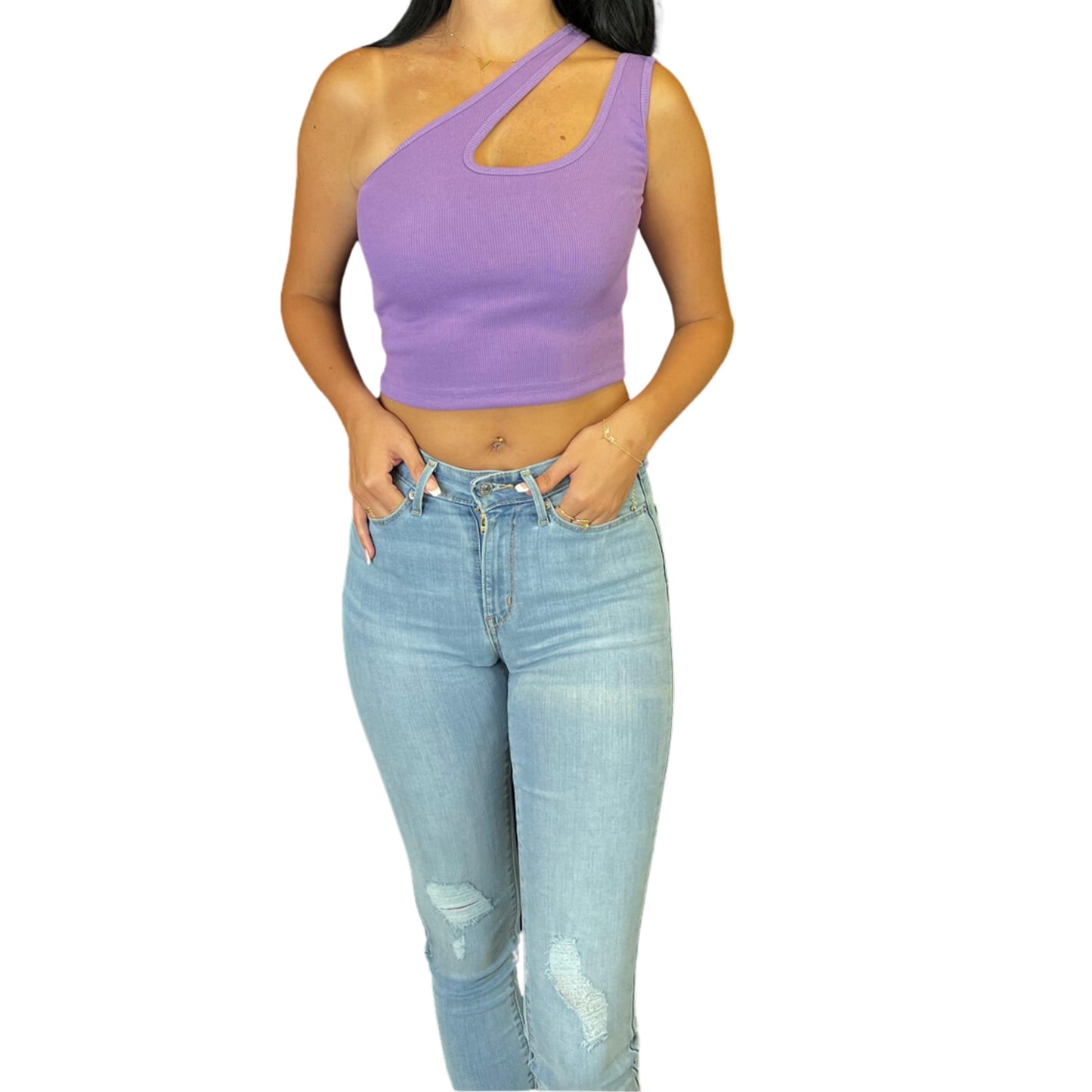 BRANDS & BEYOND Womens Tops M / Purple One Shoulder Double Strap Crop Top